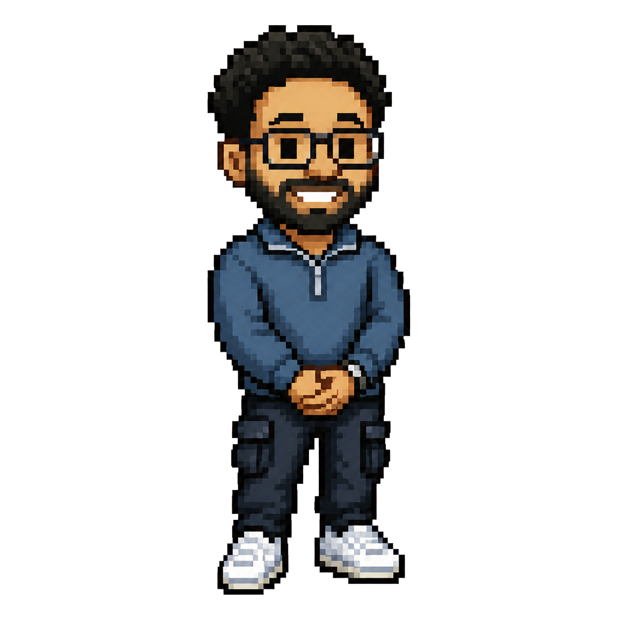 Pixel-art character of Ali Krema wearing glasses and a blue pullover